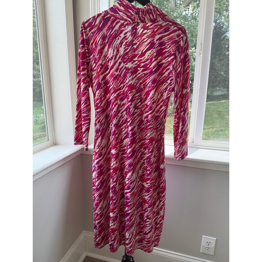 Jones New York Dress L Pink Abstract Print Draped Faux Wrap Long Sleeve Midi - Picture 7 of 7